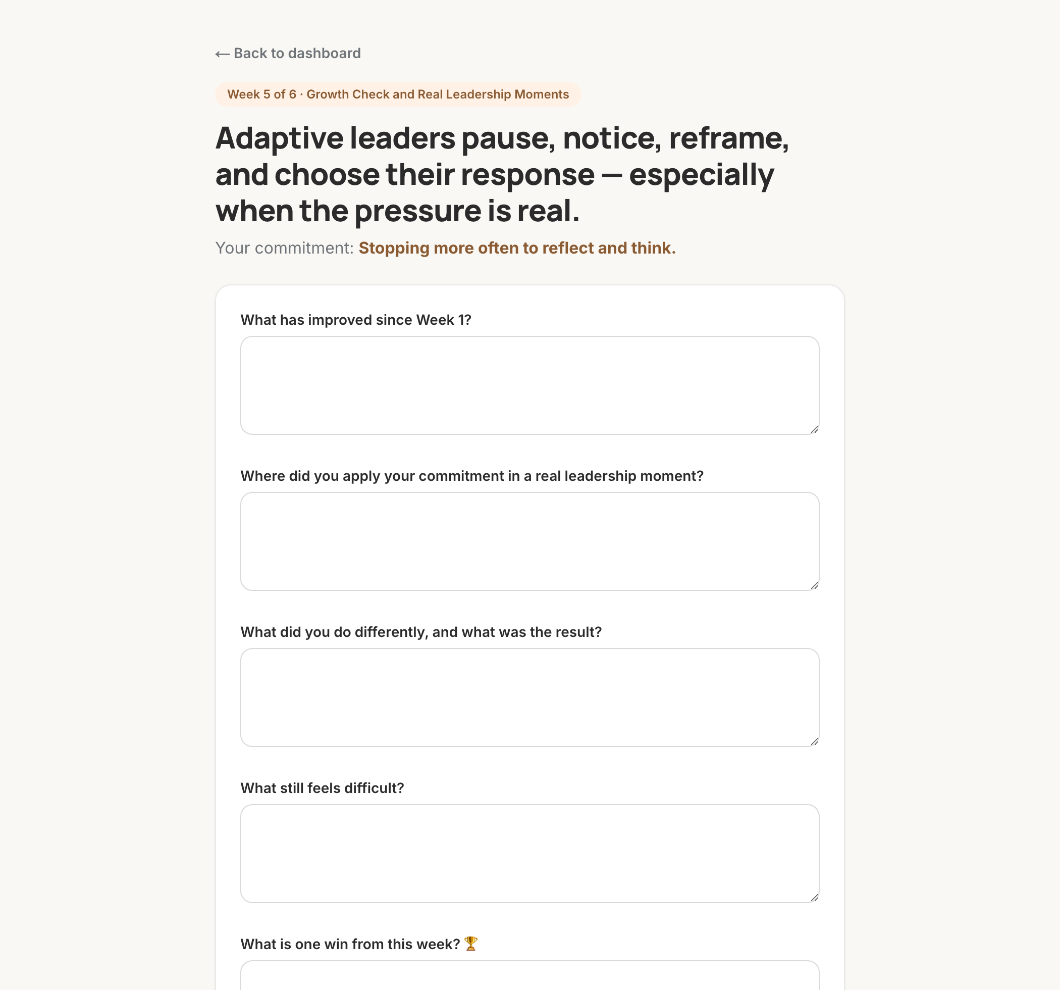 Weekly check-in form with short reflection questions about the participant's commitment and one win from the week