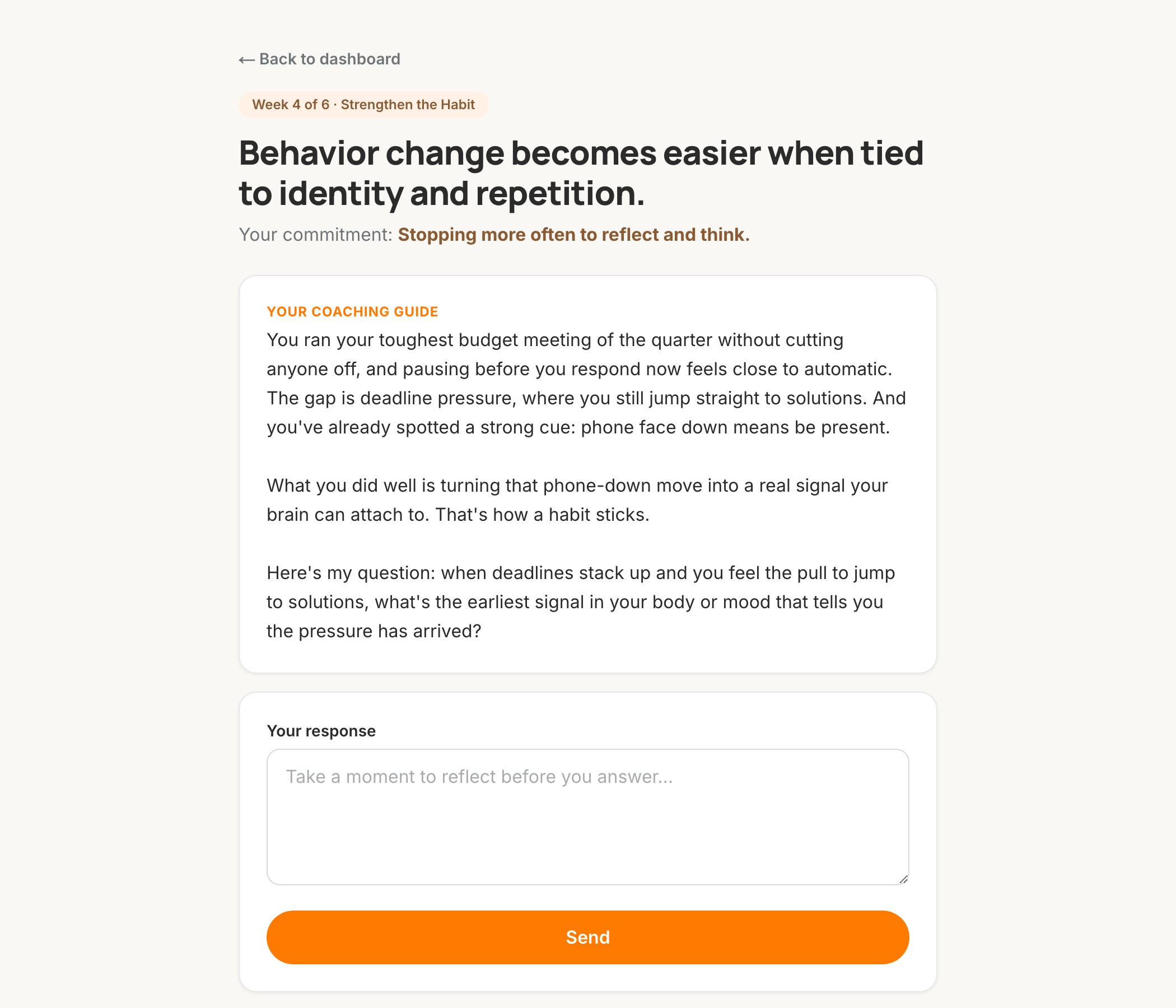 AI coaching conversation reflecting the participant's week, naming a strength, and asking one coaching question