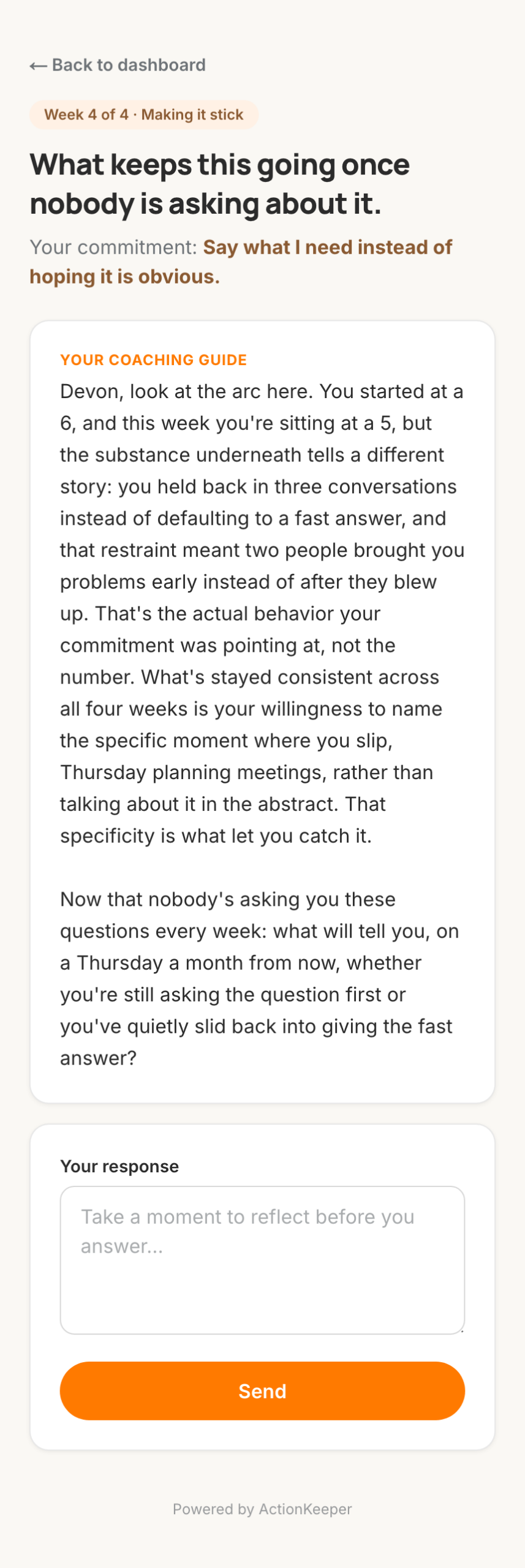 A coaching exchange in week four of a program