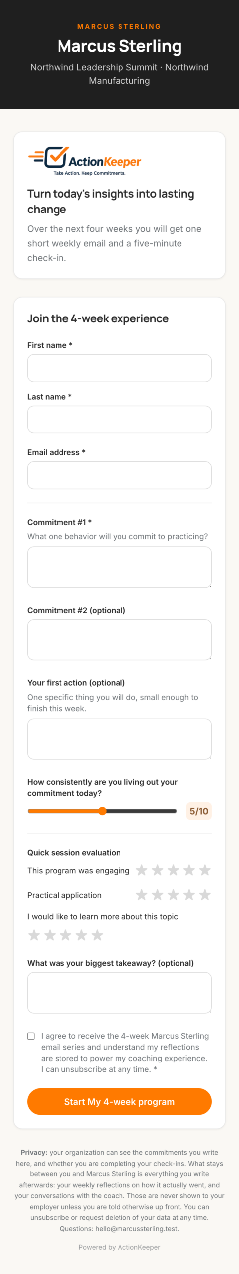 The registration screen where a participant writes their commitment